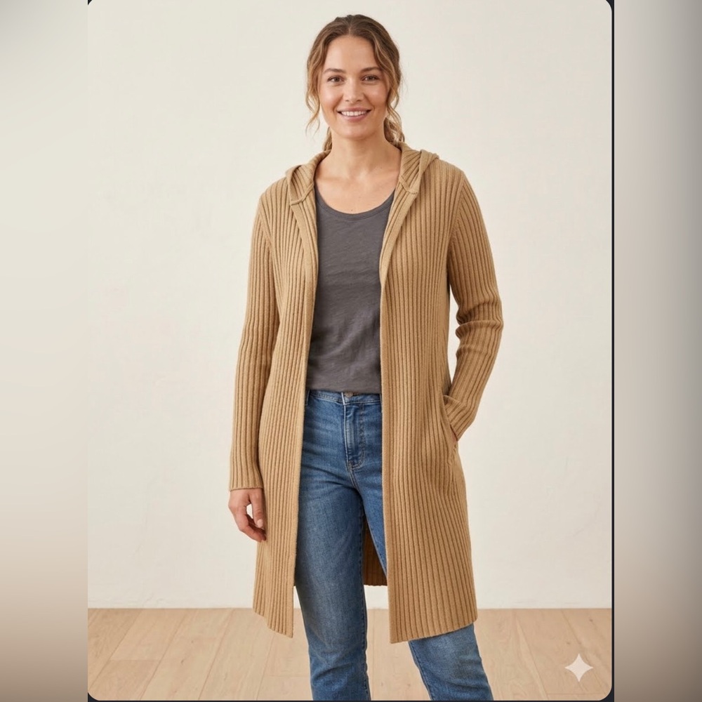 Vintage Tan Open Front long Cardigan Sweater with hoodie